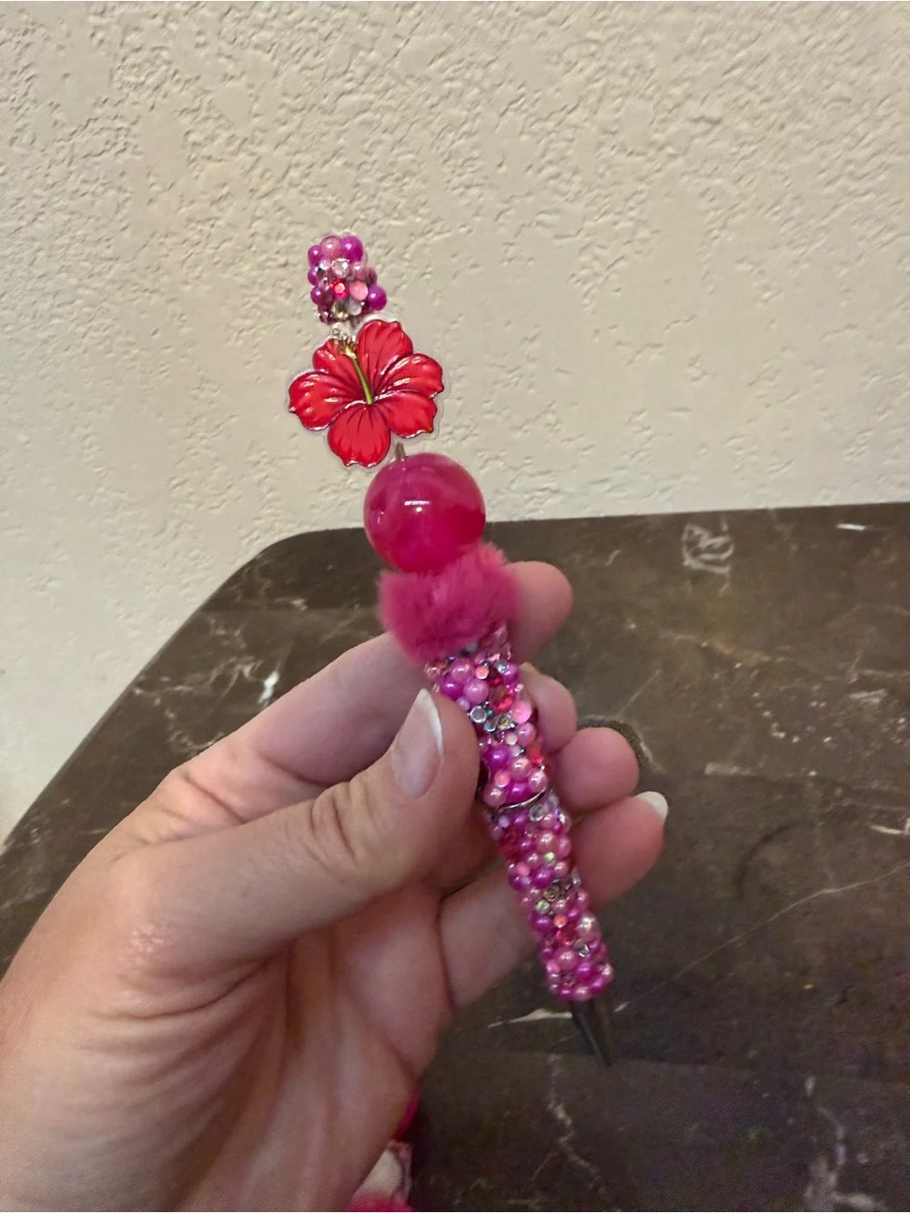 Hibiscus Hawaiian Flower Rhinestone Beaded Pen and Matching Badge Reel Handmade